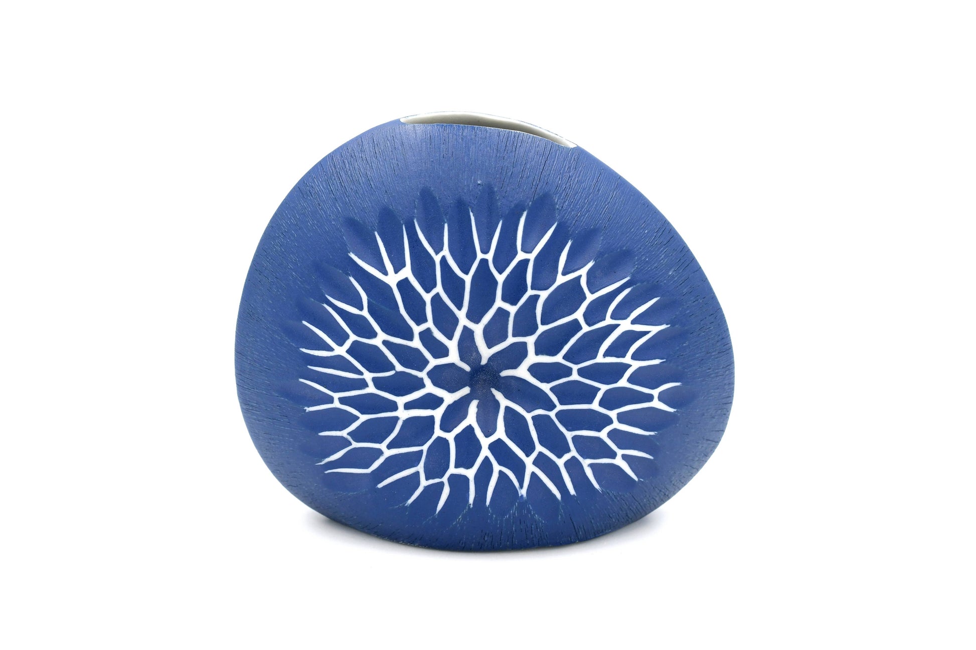 Diva Round - Handcrafted Porcelain Bud Vase - Blue with White Geometric Pattern - 4.7 x 2.4 x 4 in - Mellow Monkey