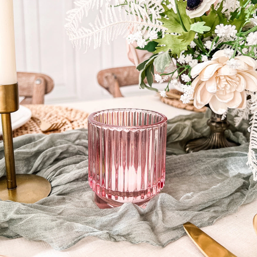 Pink Glass Ribbed Votive Candle Holder - 3-1/4-in - Mellow Monkey