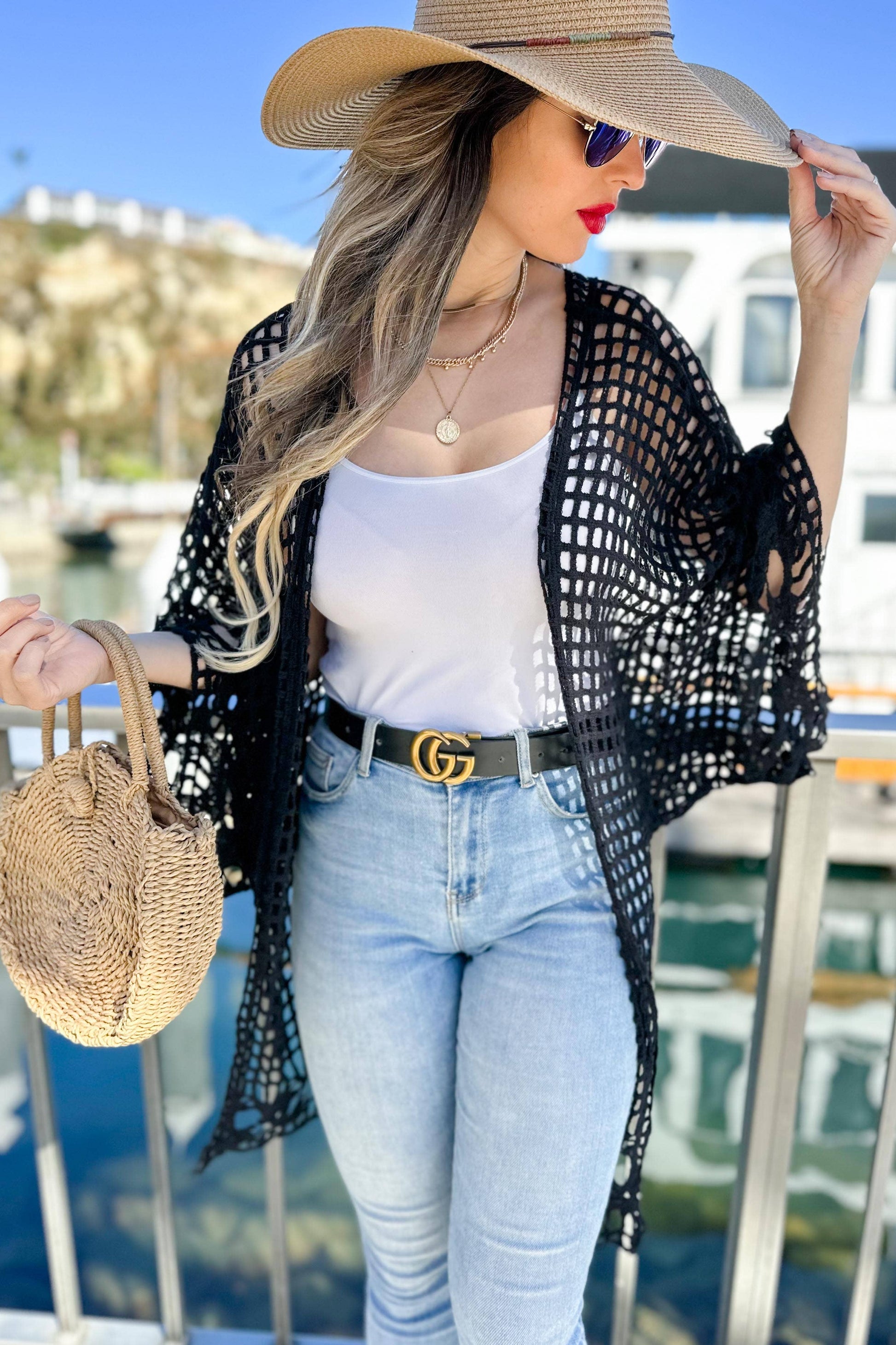 Black Floral Crochet Wide Sleeve Knitted Kimono Cardigan - Mellow Monkey