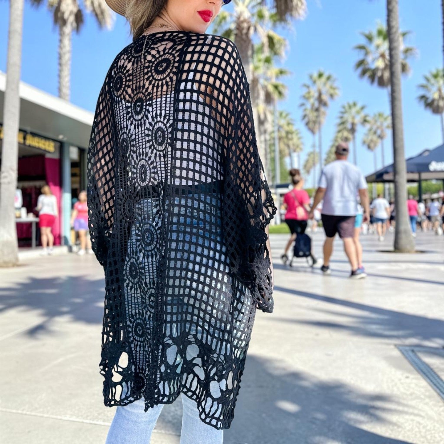 Black Floral Crochet Wide Sleeve Knitted Kimono Cardigan - Mellow Monkey