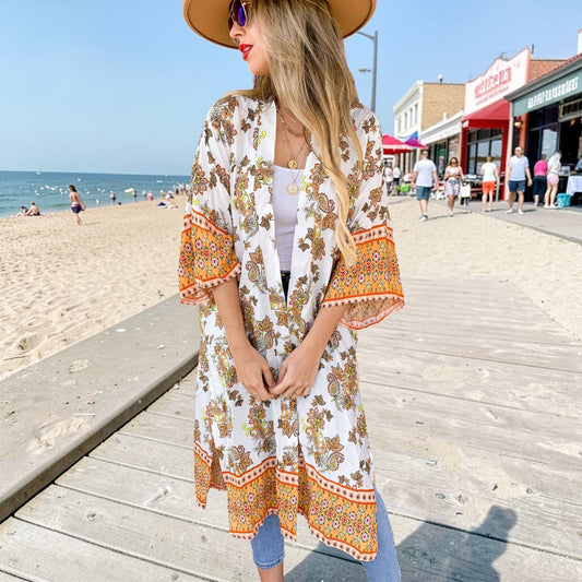 Multi Floral Border Printed Lightweight Maxi Kimono Cover Up