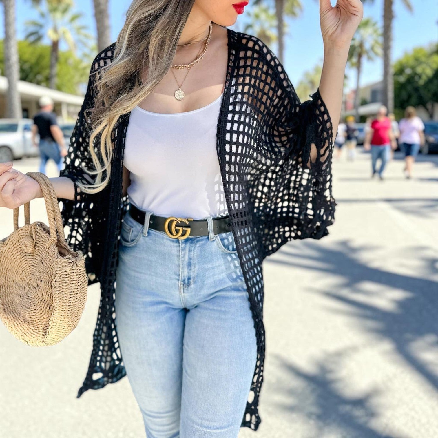 Black Floral Crochet Wide Sleeve Knitted Kimono Cardigan - Mellow Monkey