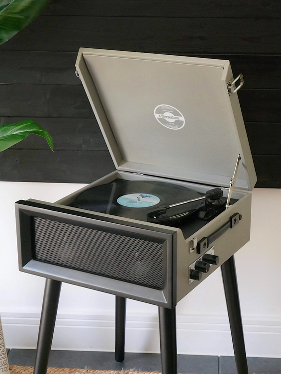 Gray Retro Record Player on Legs with Bluetooth and Radio - Mellow Monkey