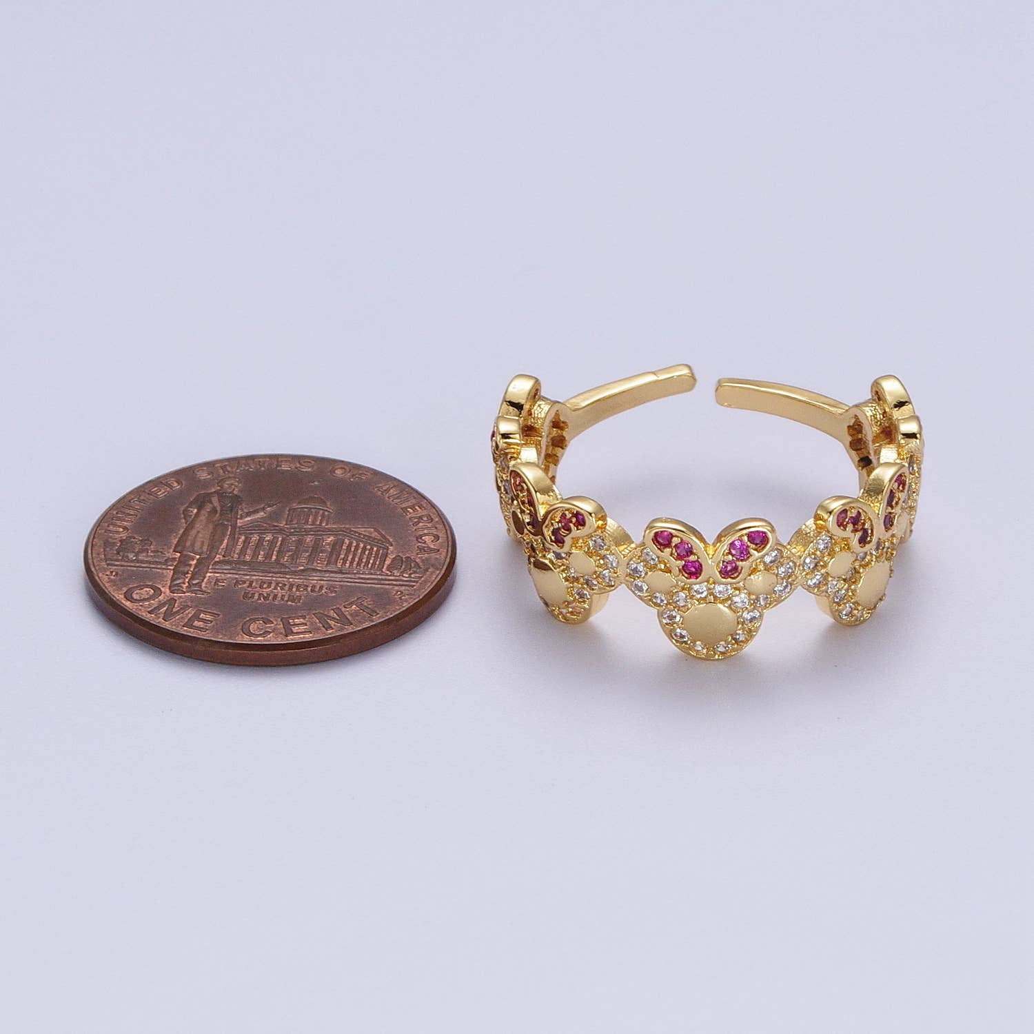 Dainty Cute Micro Pave Gold Bowed Mouse Adjustable Ring O184 - Mellow Monkey