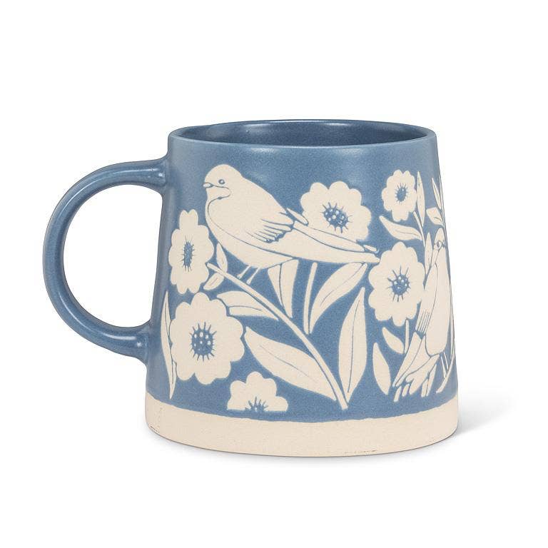 Wide Base Mug with Leaves & Birds-Blue-3.5"H(14oz) - Mellow Monkey