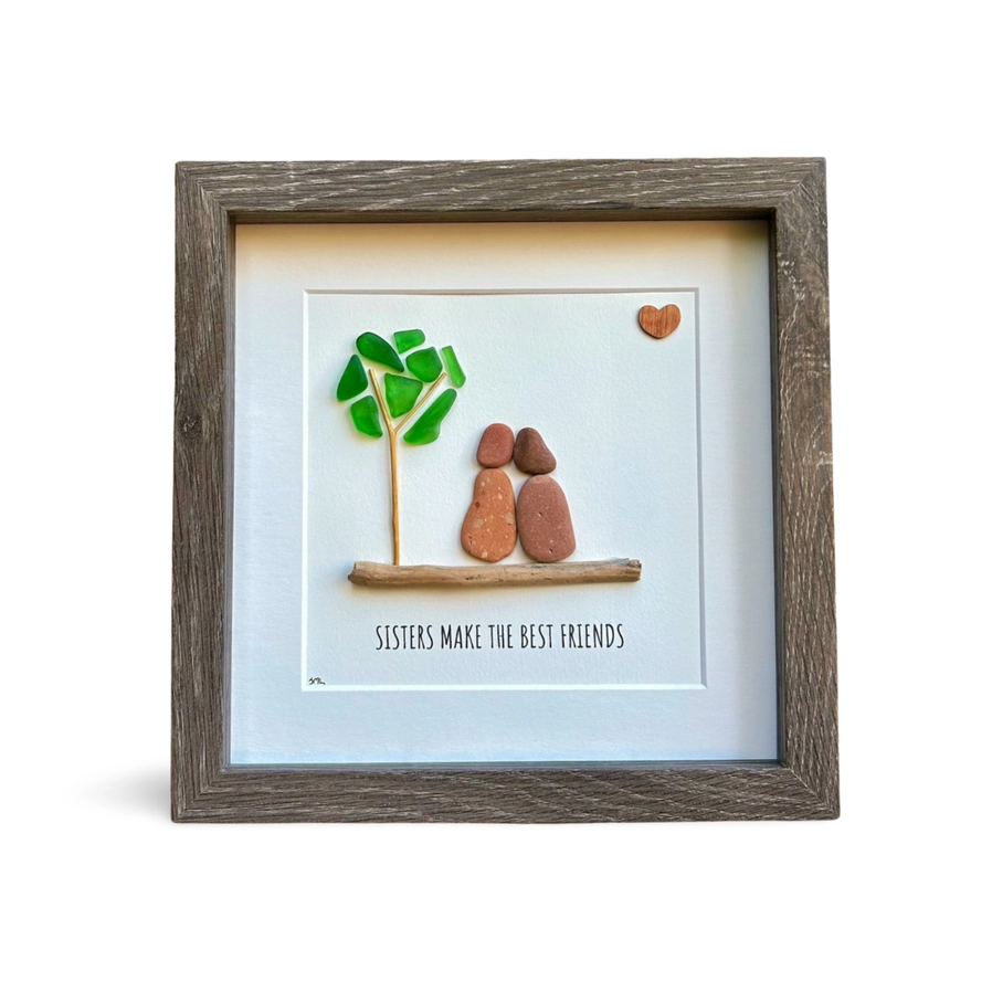 Sisters Make The Best Friends - Pebble and Sea Glass Art - Framed Shadowbox 9-in - Mellow Monkey
