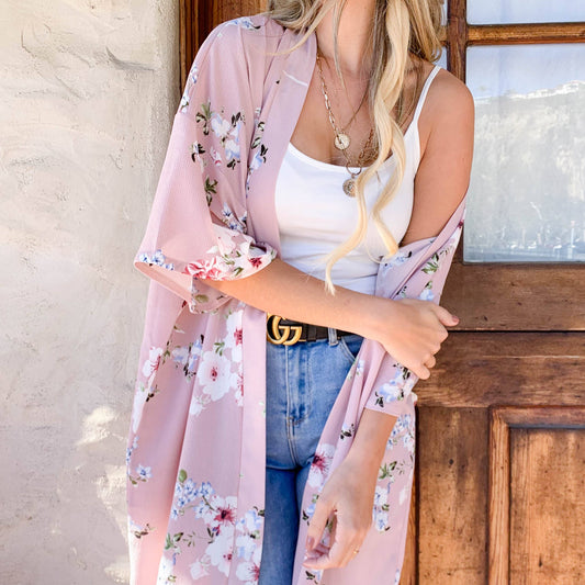 Feminine Boho Rose Floral Printed Kimono Cover Up