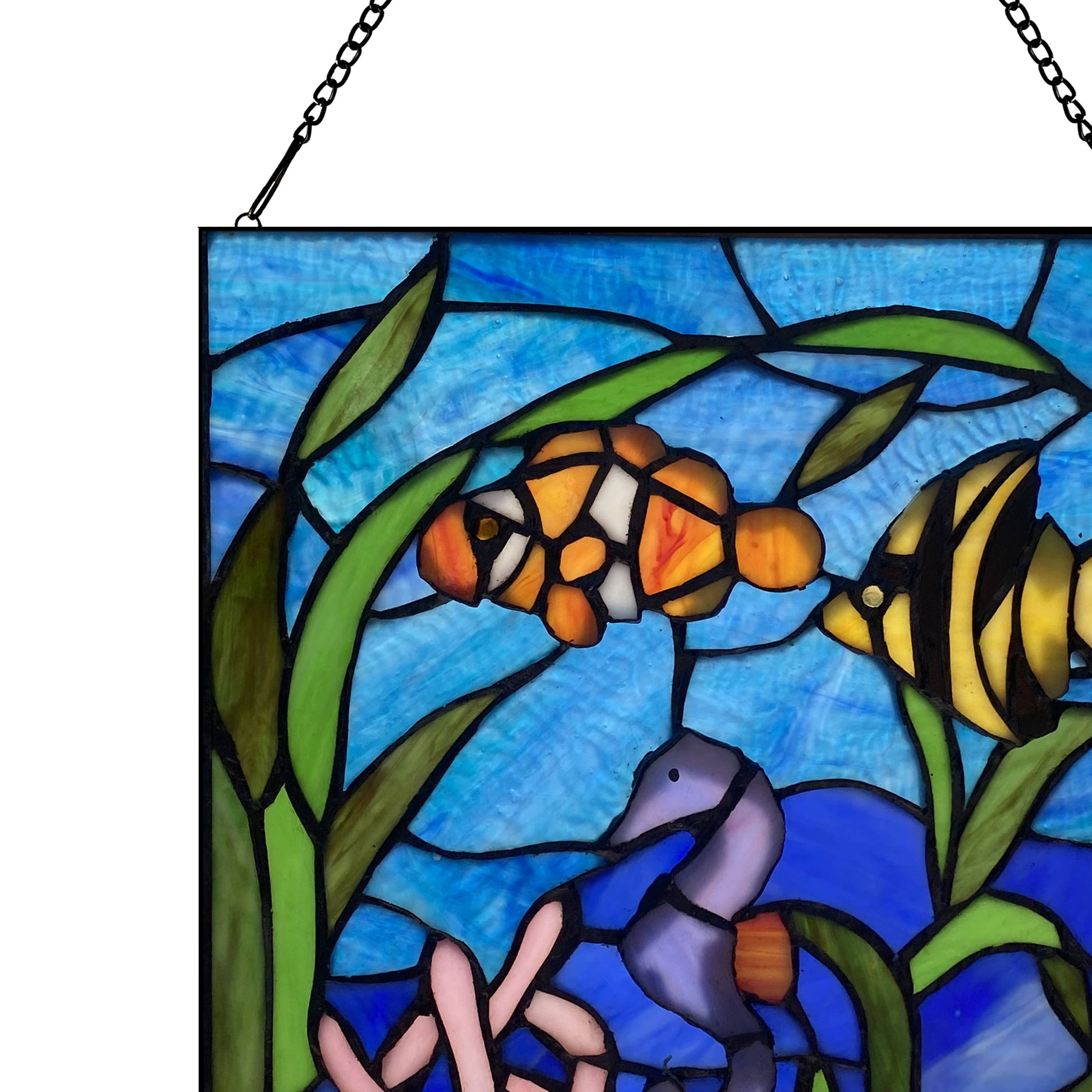 Underwater Blue Ocean Scene Stained Glass Window Panel - 14-in - Mellow Monkey