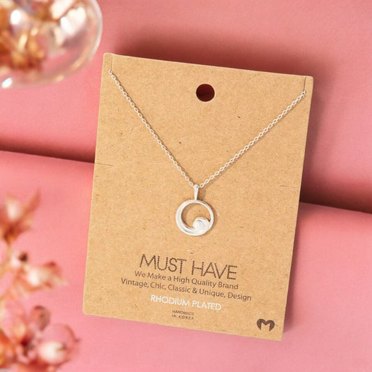 Circle Wave Pendant Necklace - 16-in - Rhodium Plated