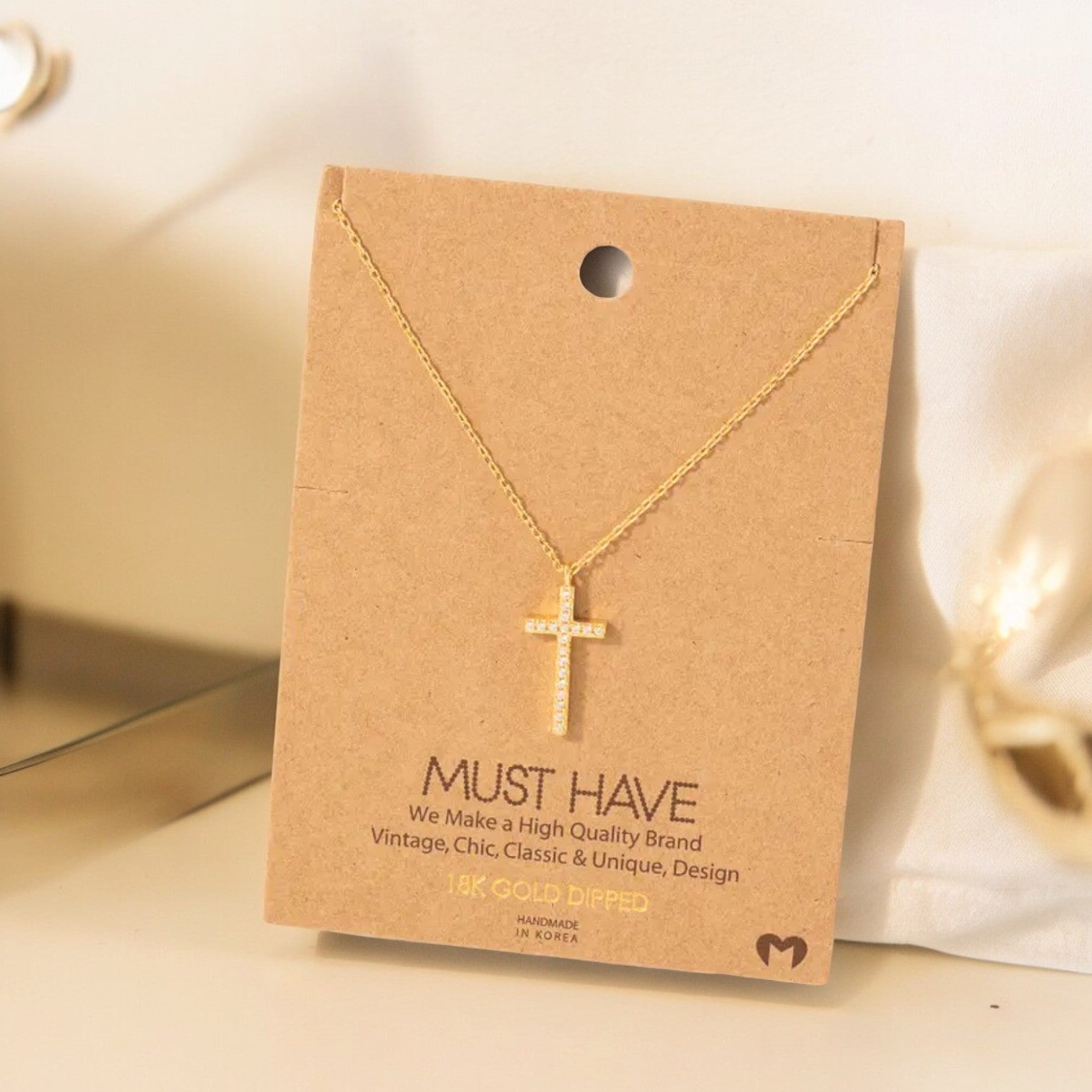 Pave Cross Pendant Necklace - 16-in - 18K Gold Dipped - Mellow Monkey