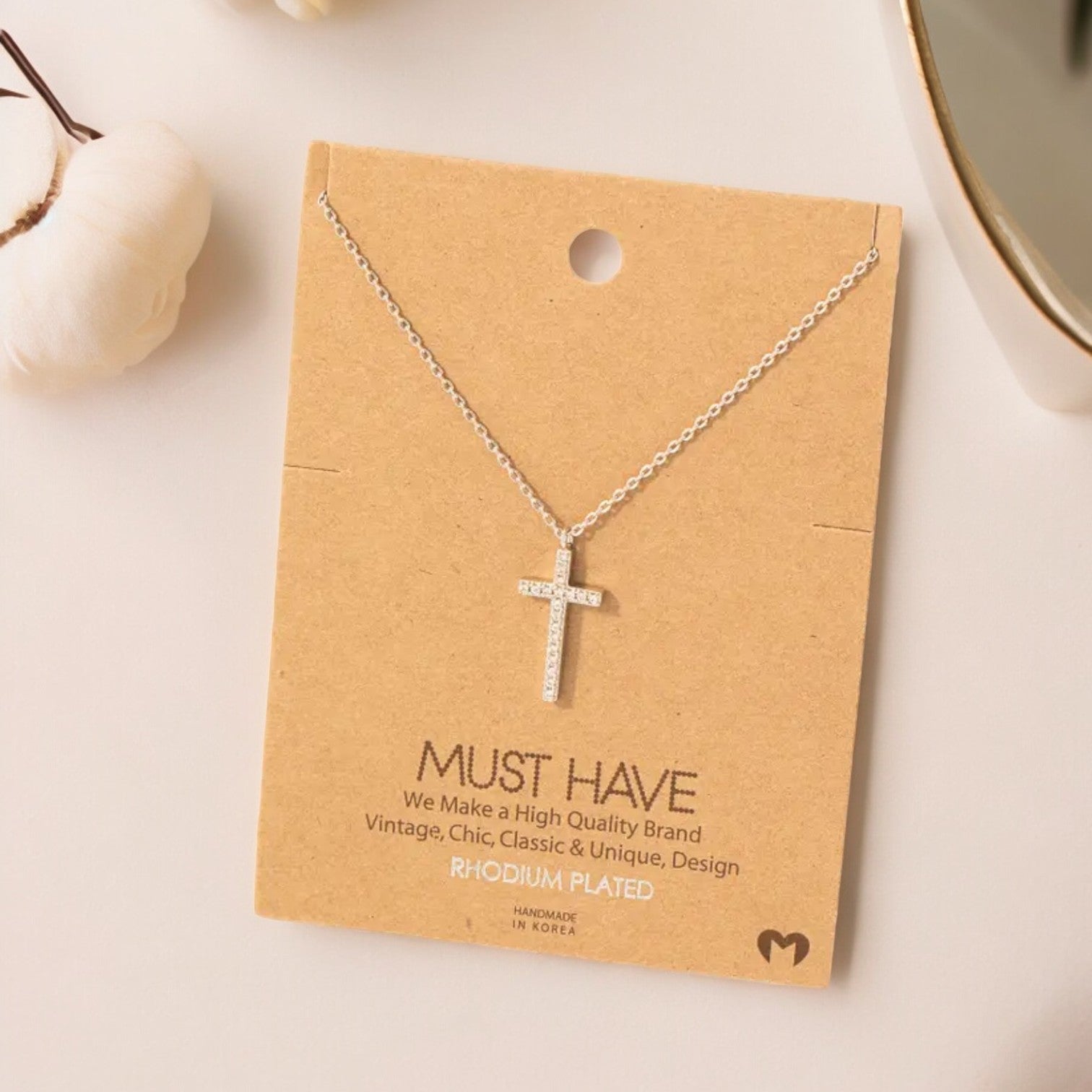 Pave Cross Pendant Necklace - 16-in - Rhodium Plated - Mellow Monkey