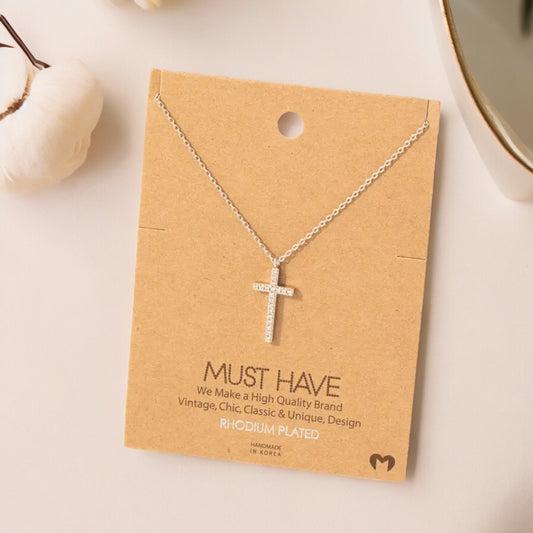 Pave Cross Pendant Necklace - 16-in - Rhodium Plated