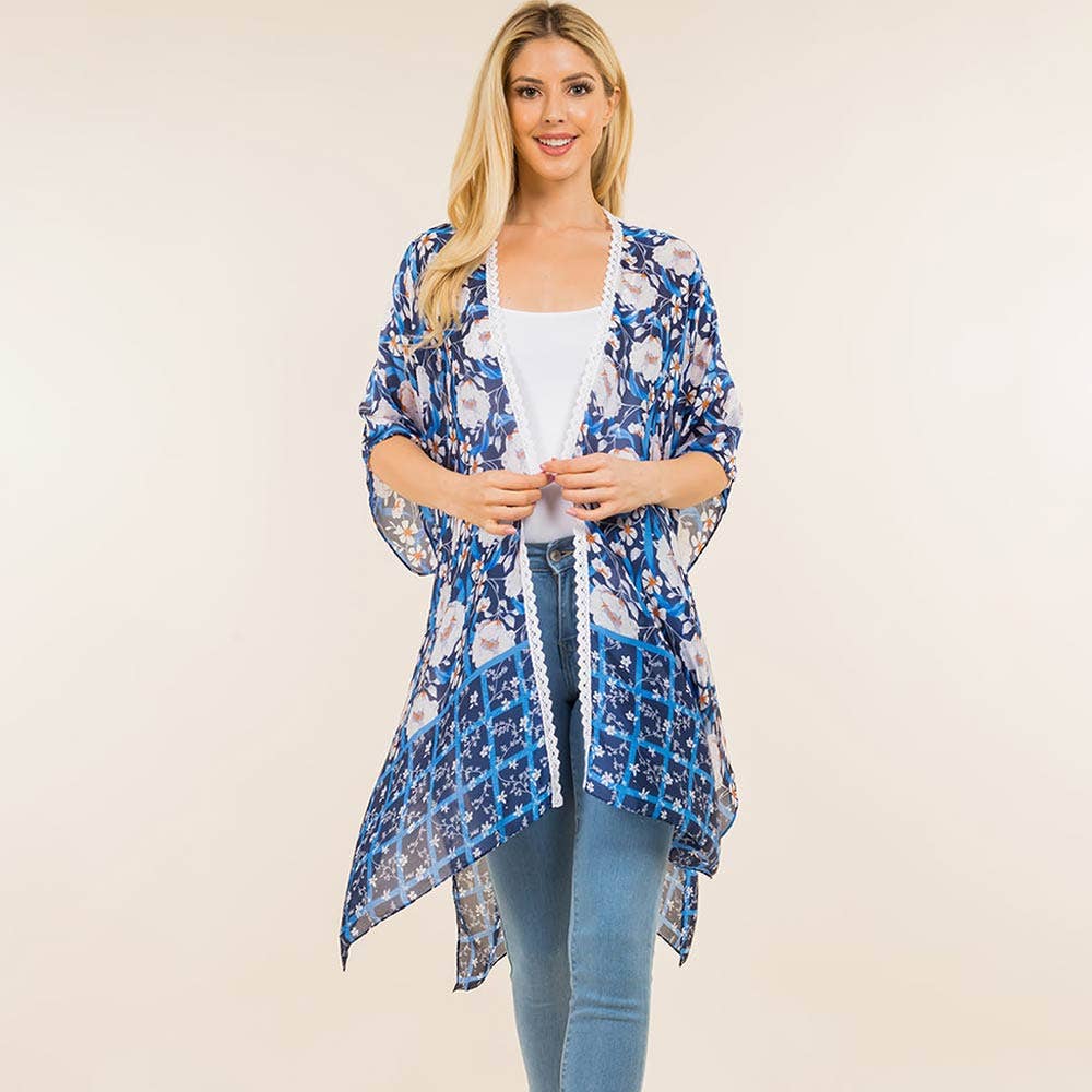 Floral Pattern Open Front Long Kimono Poncho in Blue - Mellow Monkey