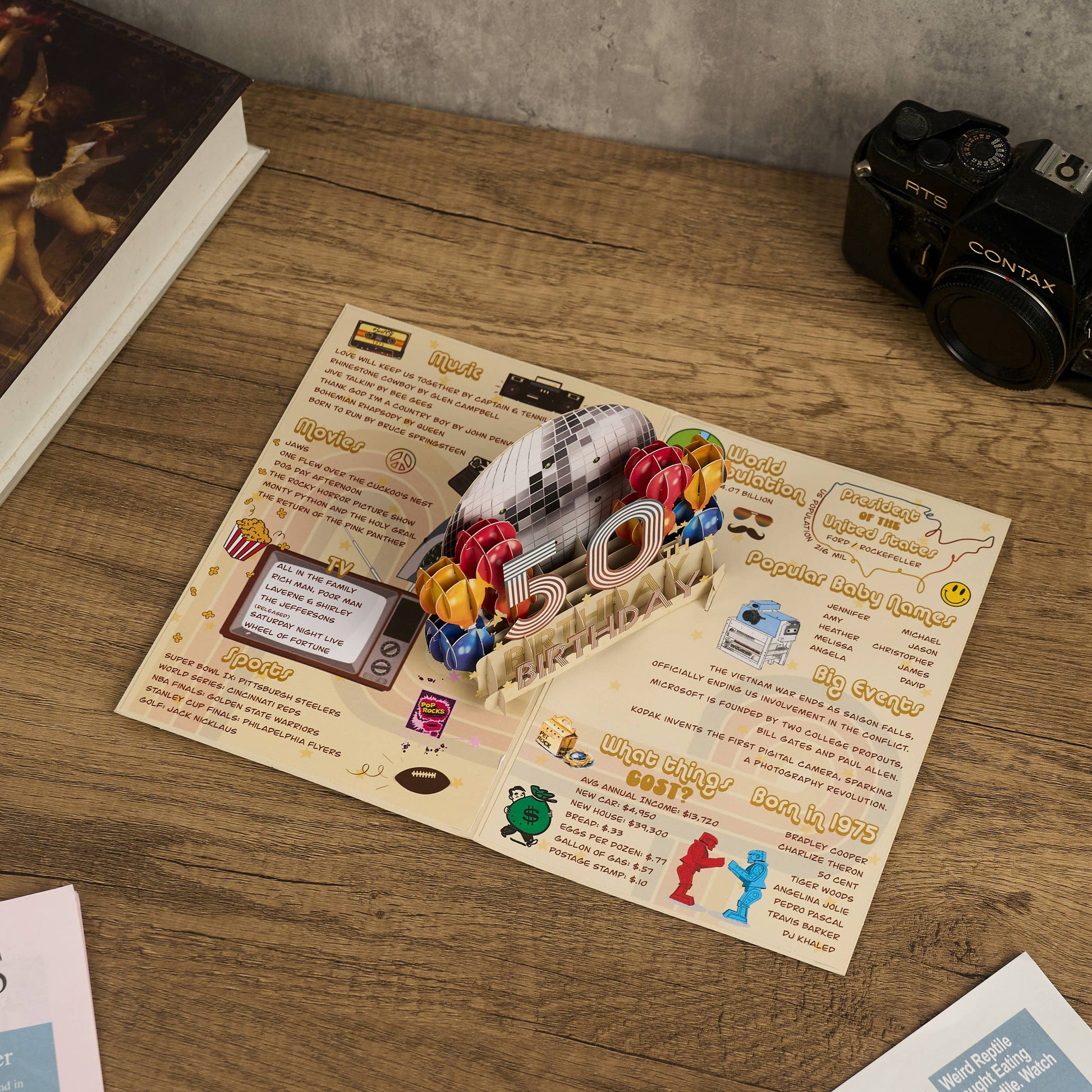 Back in 1975 3D Pop-Up Light & Sound Milestone Card - Mellow Monkey