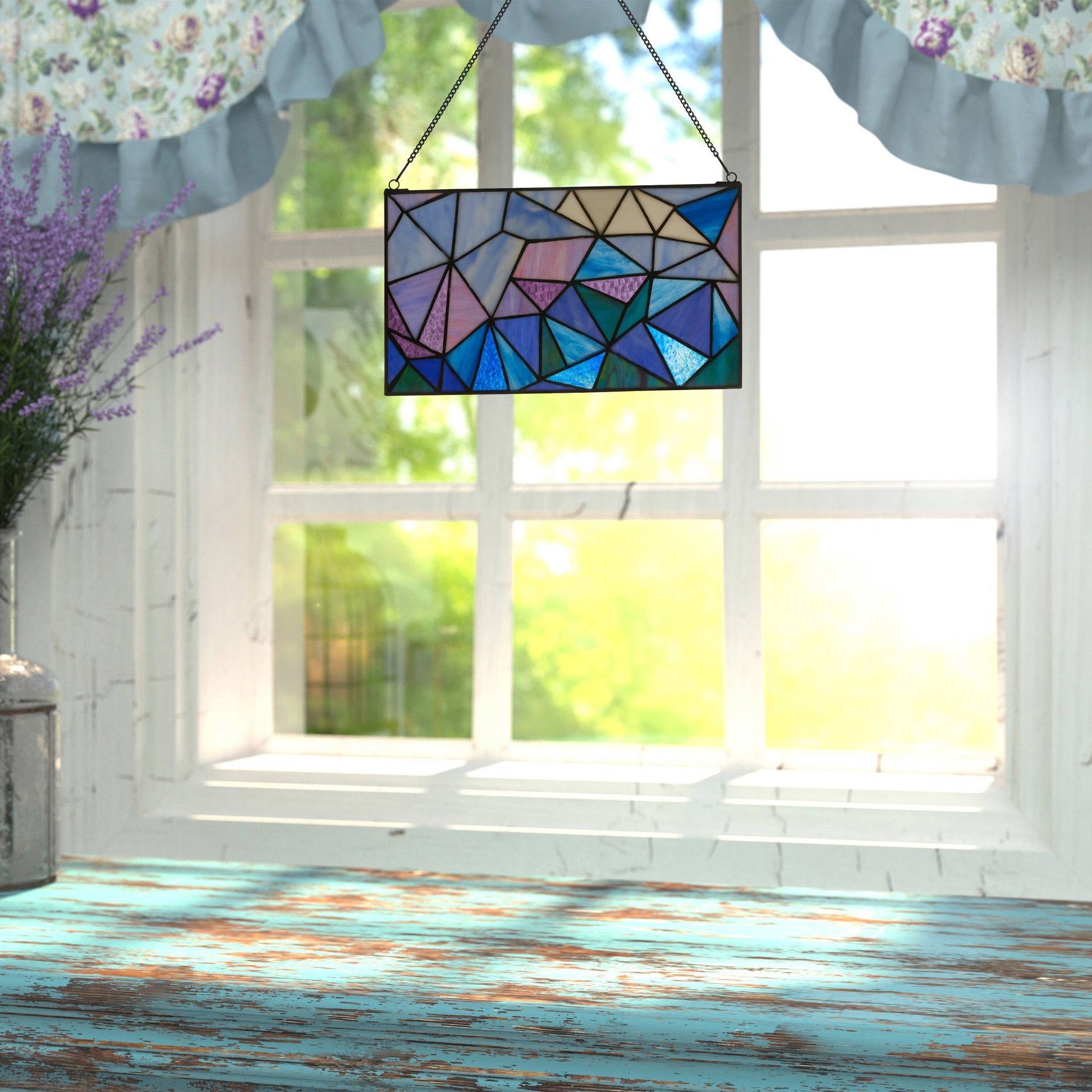 Geometric Abstract Blue Stained Glass Window Panel - 14-in - Mellow Monkey
