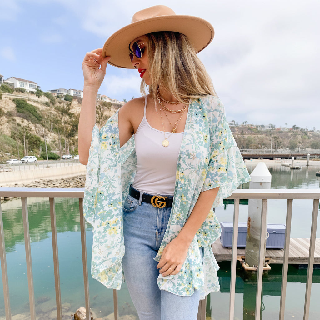 Sage Floral Printed Ruffle Sleeve Chiffon Kimono Cover Up - Mellow Monkey