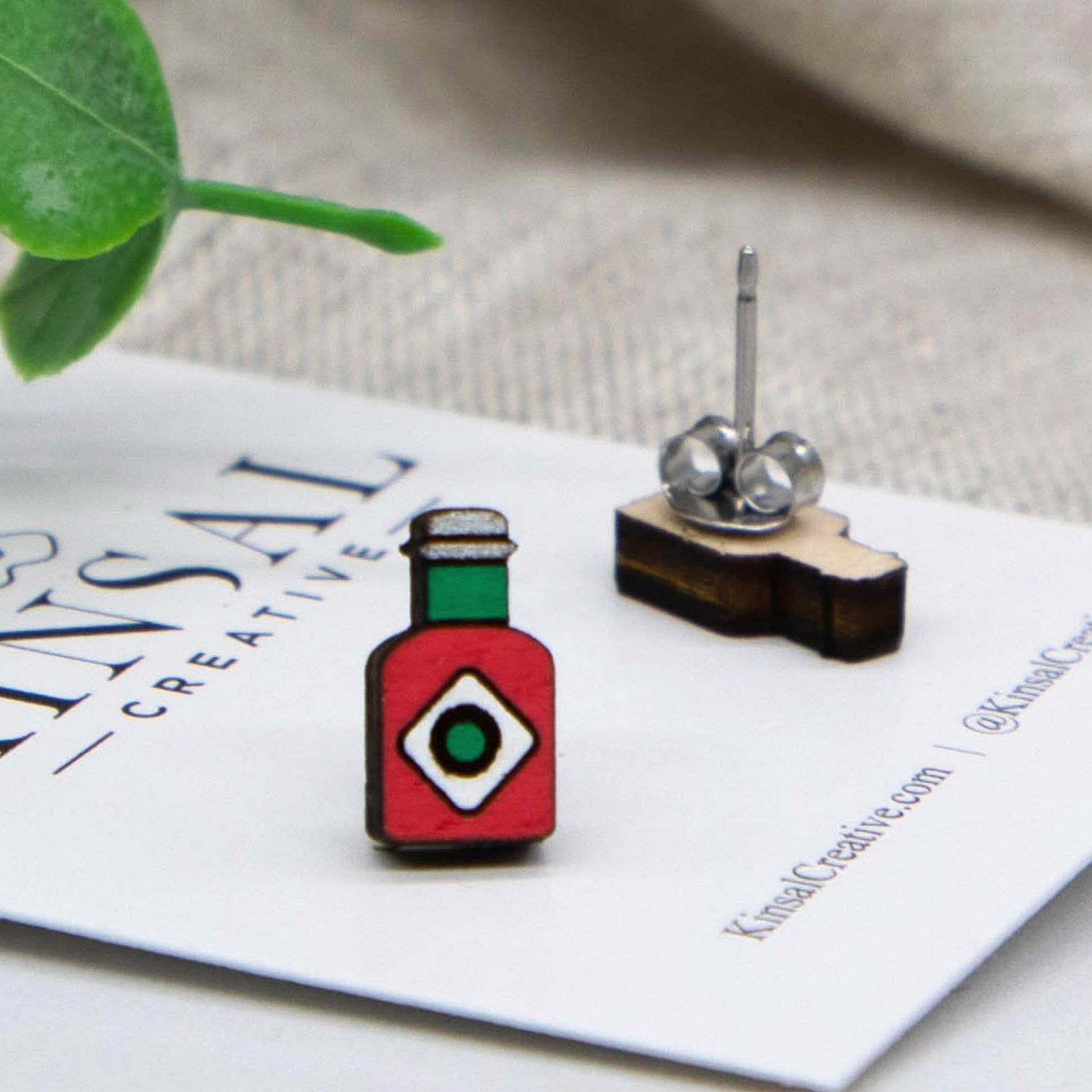 Tabasco Sauce - Wood and Stainless Steel Stud Earrings - Mellow Monkey