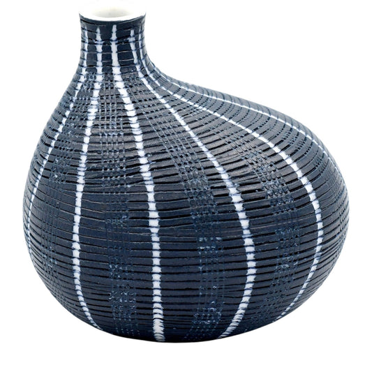 Mini Omo - Handcrafted Porcelain Bud Vase - Navy with White Stripes - 2.7 x 2 x 2.8 in - Mellow Monkey