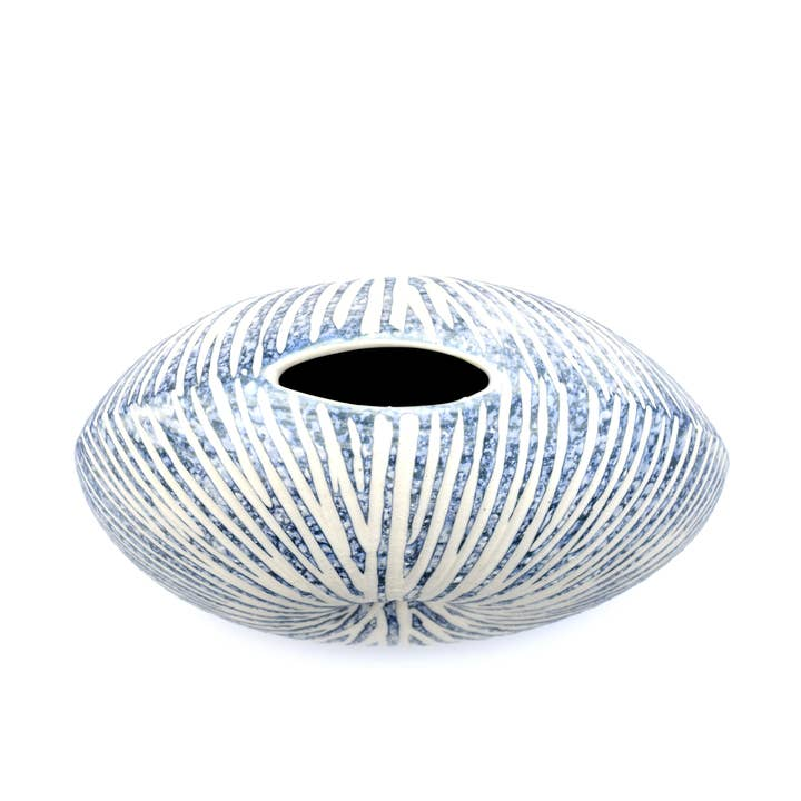 White with Blue Stripes Diva Round Mini Porcelain Bud Vase - 7"W x 6"H - Mellow Monkey