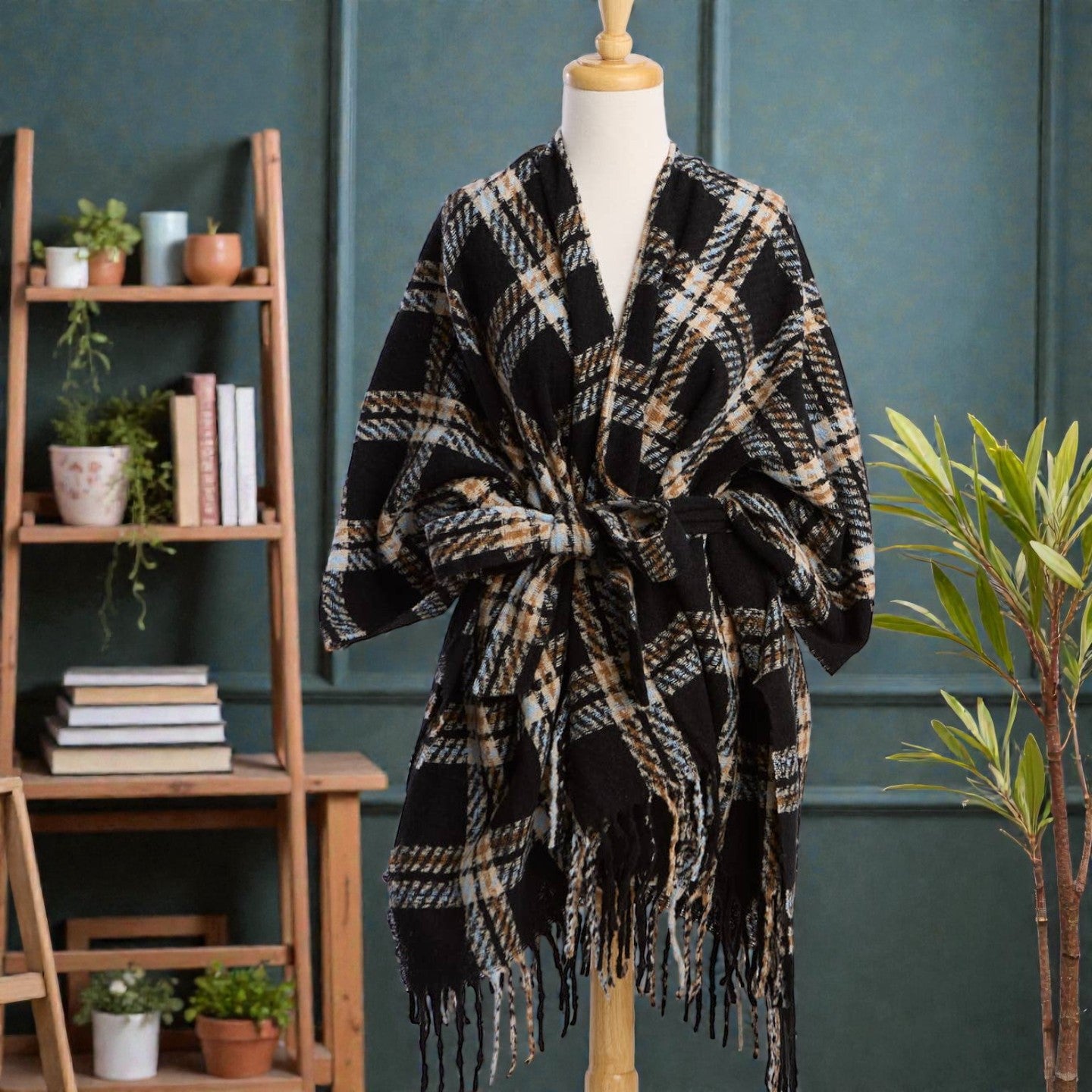 Black - Charlie Plaid Ruana - Mellow Monkey