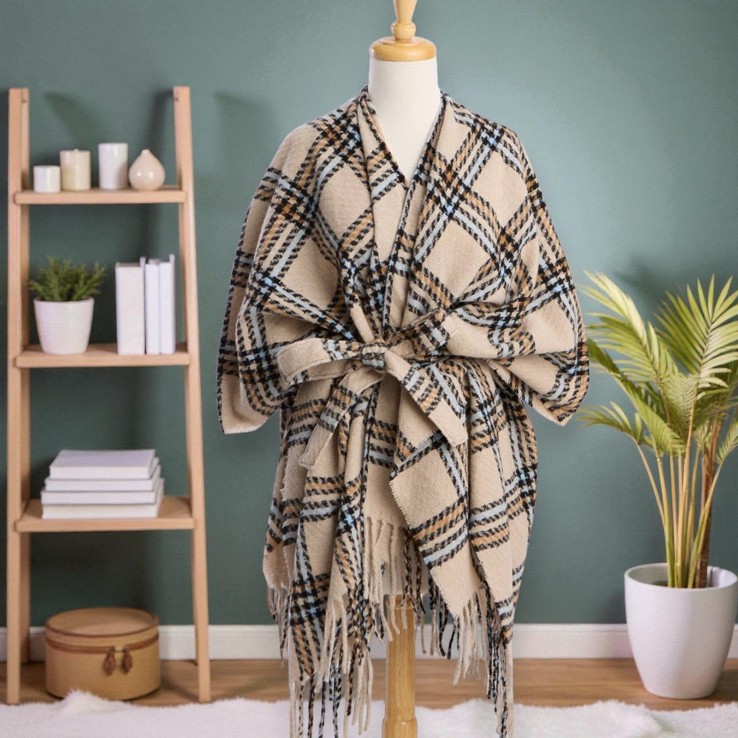 Beige - Charlie Plaid Ruana - Mellow Monkey