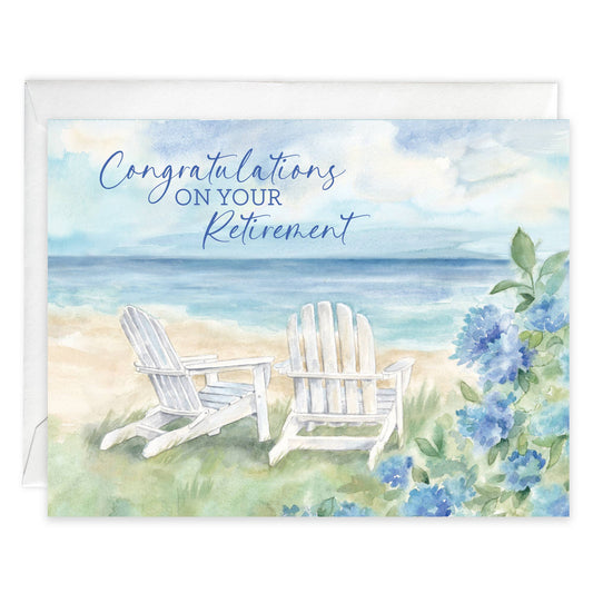 Retirement Greeting Card - Adirondack Chairs and Flowers