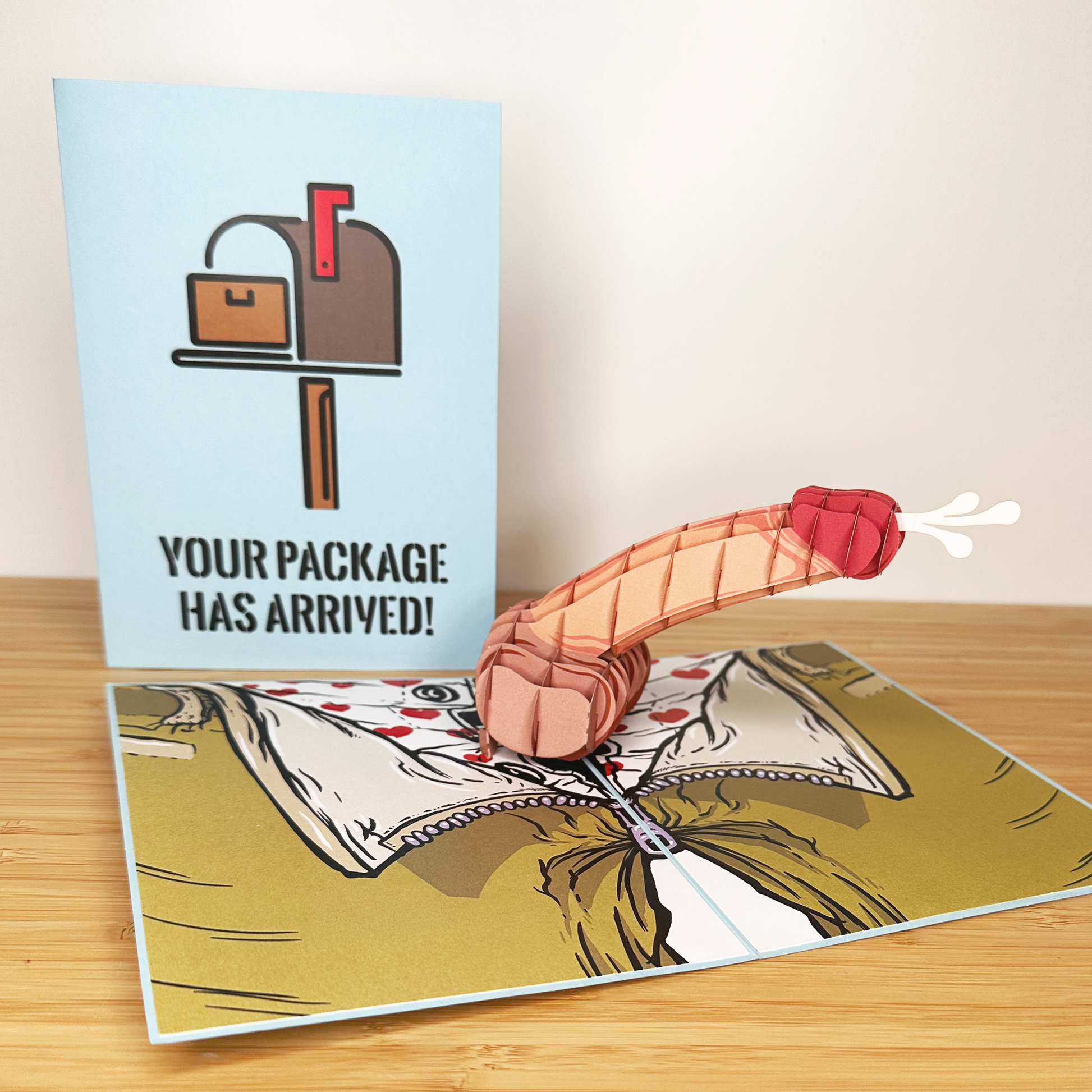 Package Arrived - Humorous and Inappropriate Pop-Up Surprise Greeting Card - Mellow Monkey