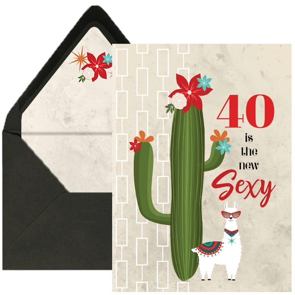 40 Is The New Sexy Llama and Cactus - Birthday Greeting Card - Mellow Monkey