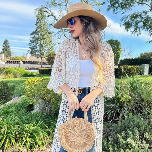 Ivory Floral Printed Crochet Maxi Kimono Cardigan