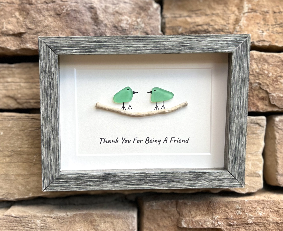 Thank You For Being A Friend - Two Sea Glass Birds On Driftwood Twig - Framed Shadowbox 8-in - Mellow Monkey