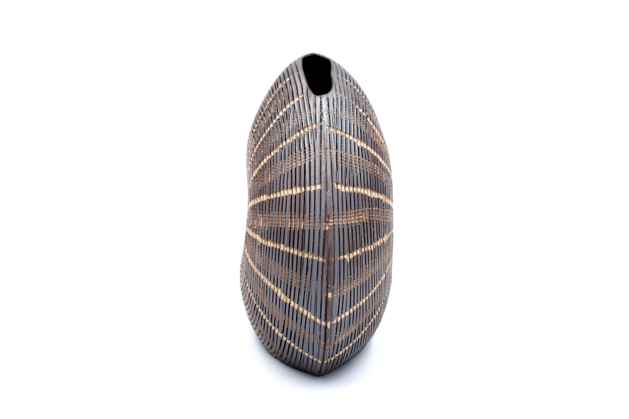 Diva Round - Handcrafted Porcelain Bud Vase - Taupe with Cream Lines - 4.7 x 2.4 x 4 in - Mellow Monkey