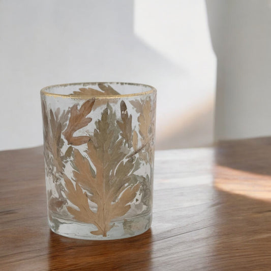 Glass Tealight Holder with Embedded Natural Oak Leaves & Gold Rim - 4-in H - Mellow Monkey