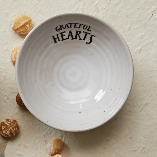 Grateful Hearts - Stoneware Bowl with Stamped Saying - 4-in - Mellow Monkey