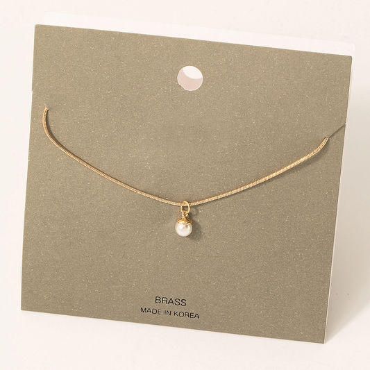 Dainty Snake Chain Pearl Charm Necklace - Gold