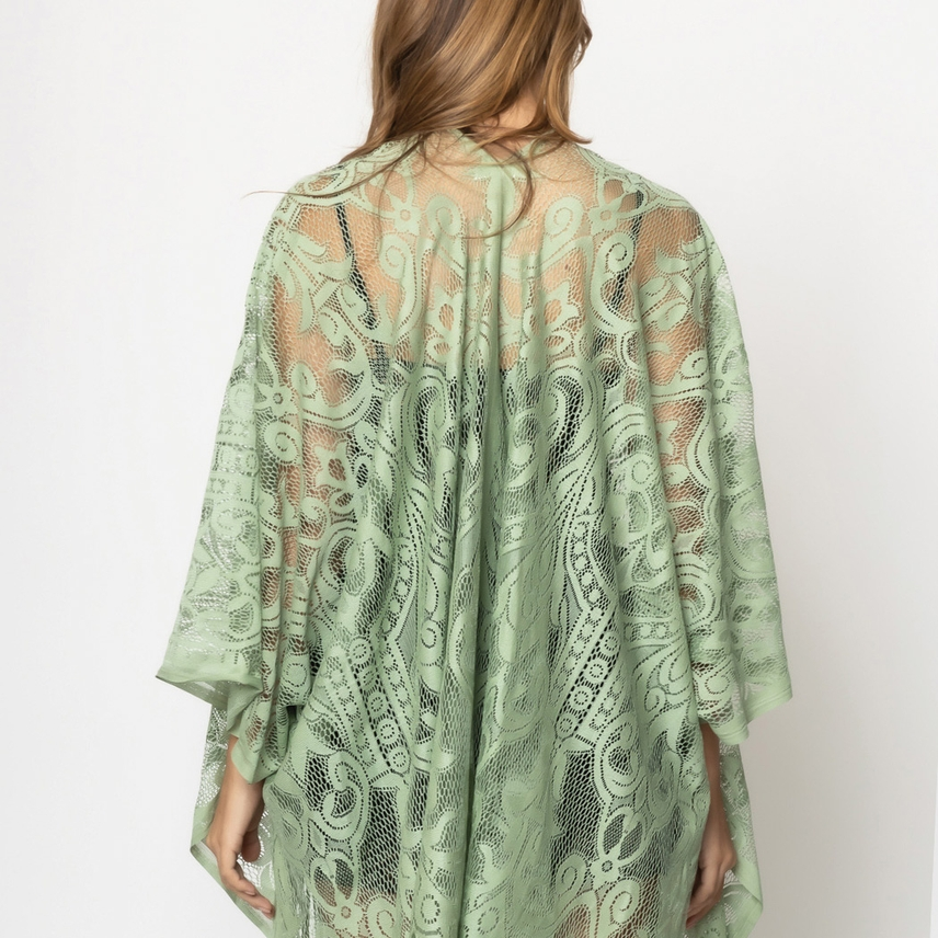 Floral Lace Open Front Kimono - Sage - Mellow Monkey