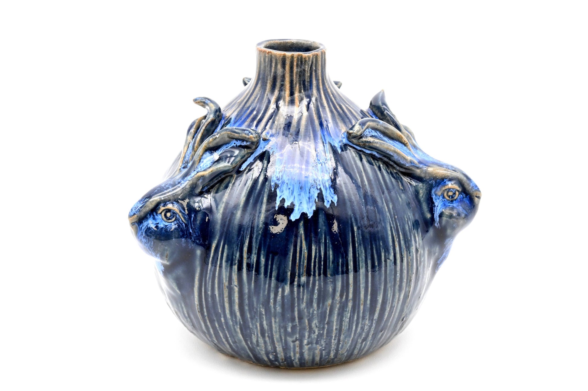 Blue Rabbit Trio - Porcelain Ceramic Vase - 4.6 x 4.6 x 4.2-in - Mellow Monkey