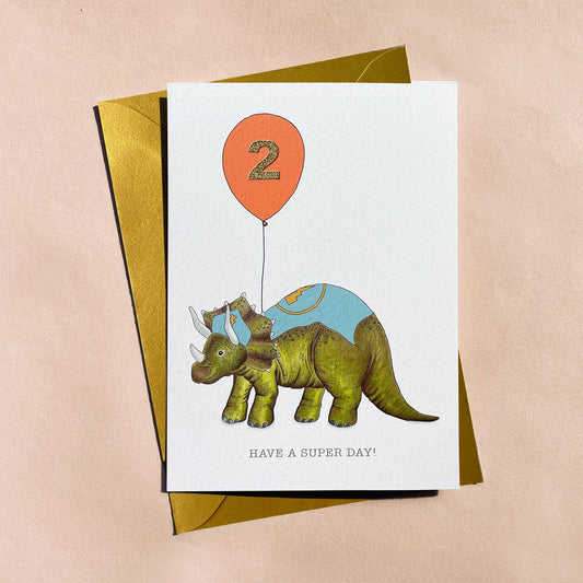 2nd Birthday Dinosaur With Balloon - Birthday Card - Mellow Monkey