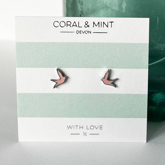 Coral and Mint- Pink Bird Studs - Mellow Monkey