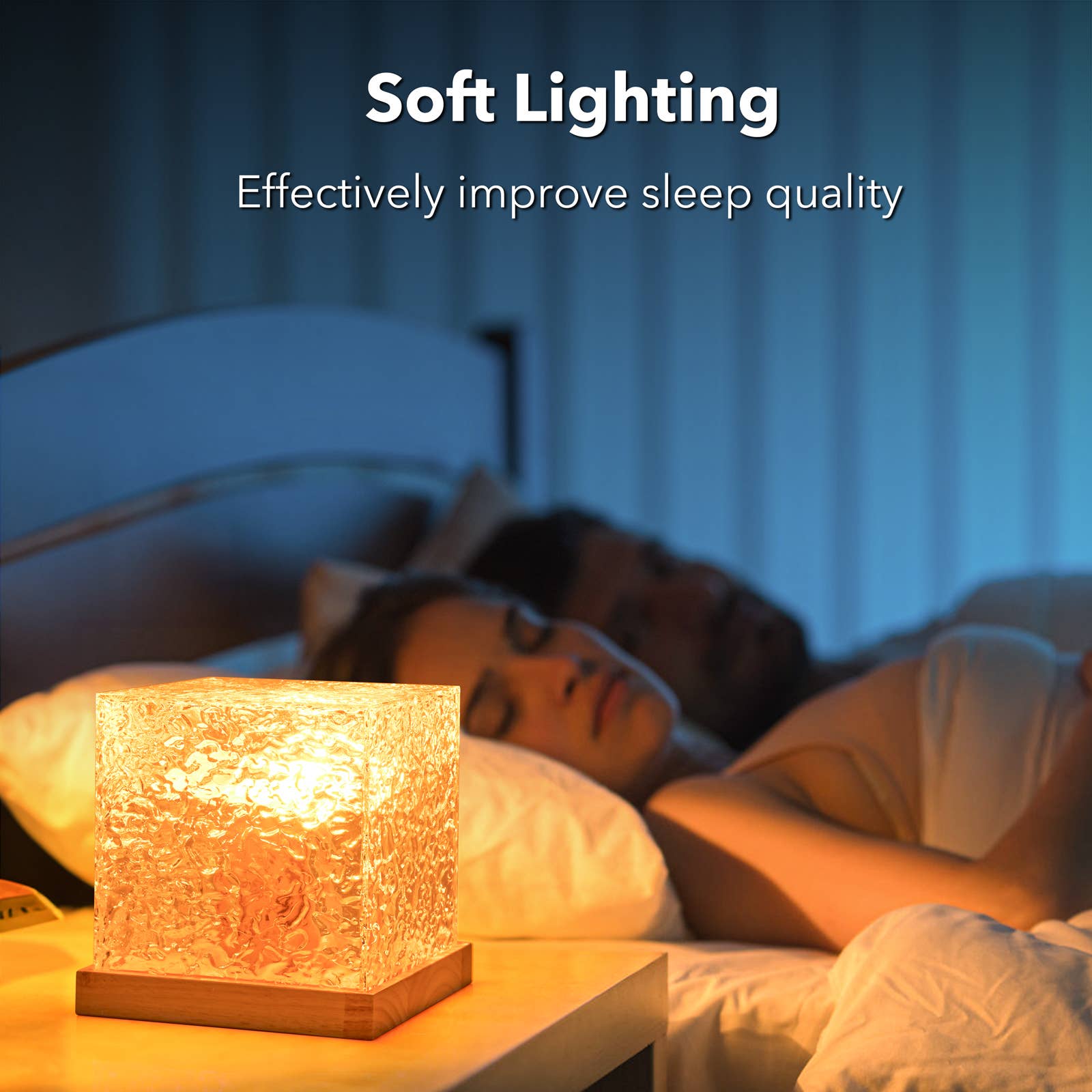 Person lying in bed with soft lighting and text 'Soft Lighting Effectively improve sleep quality'.