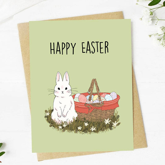 Happy Easter Cute Bunny With Basket Greeting Card - Mellow Monkey