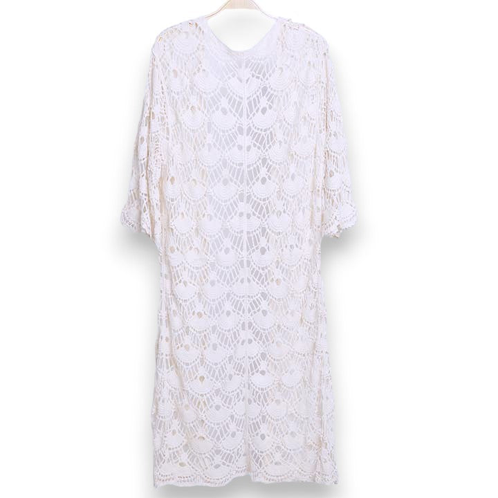 Fan Pattern Solid Long Crochet Kimono - Ivory - Mellow Monkey