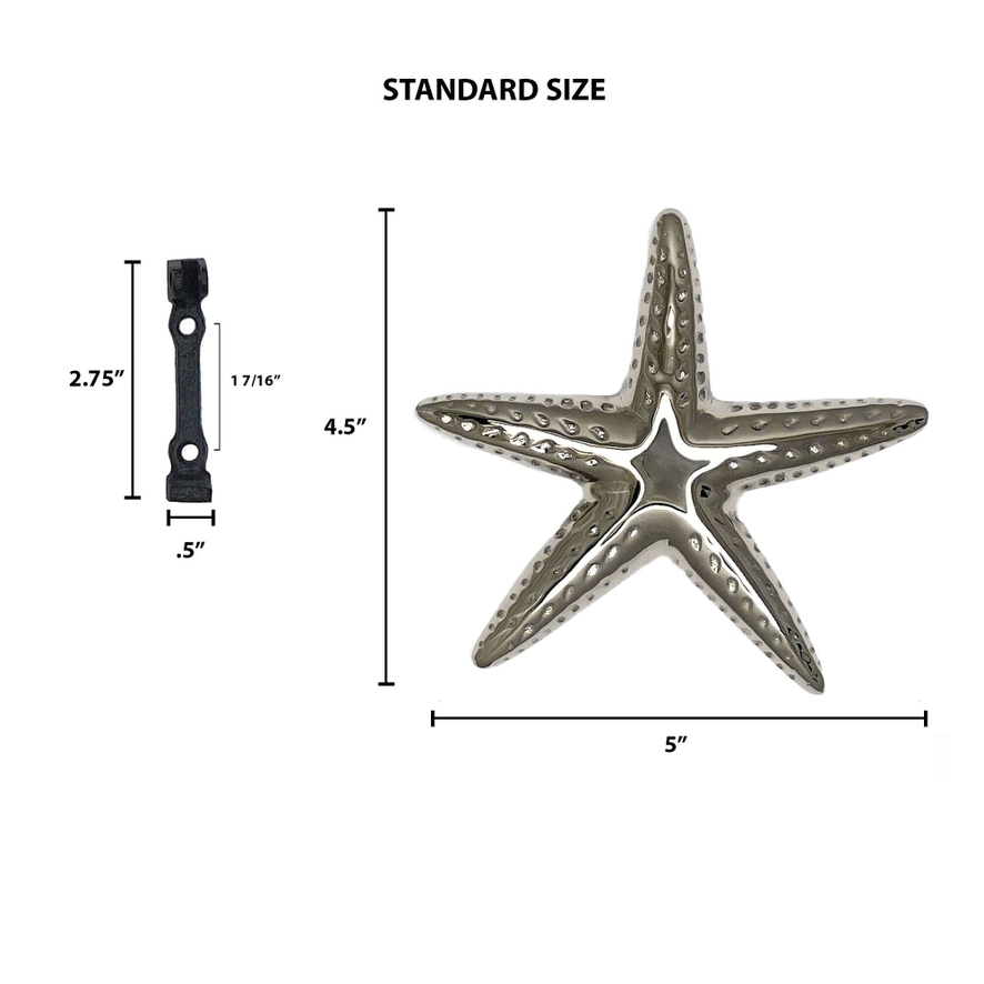 Nickel silver starfish door knocker with a height of 4.5" and a width of 5".