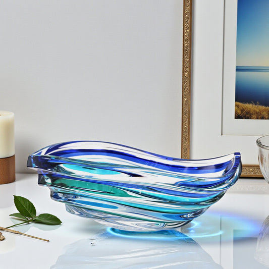 Aqua Wave Bowl Venetian Crystal Glass - 10-in - Mellow Monkey