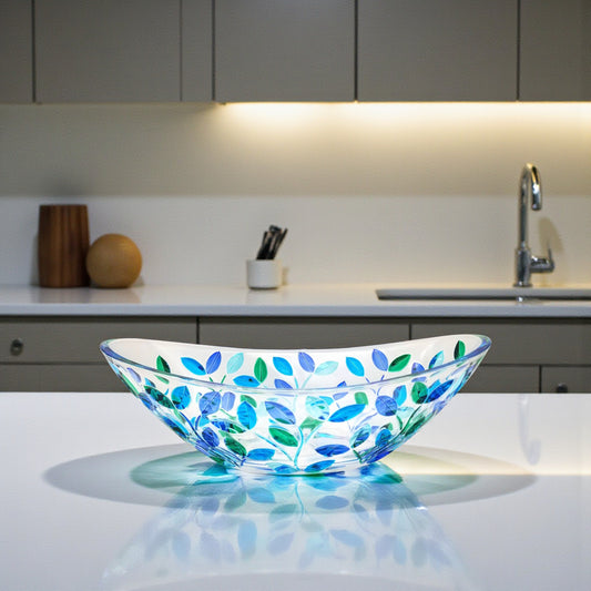 Aqua Tree of Life Venetian Glass Oval Serving Bowl - 13-in - Mellow Monkey