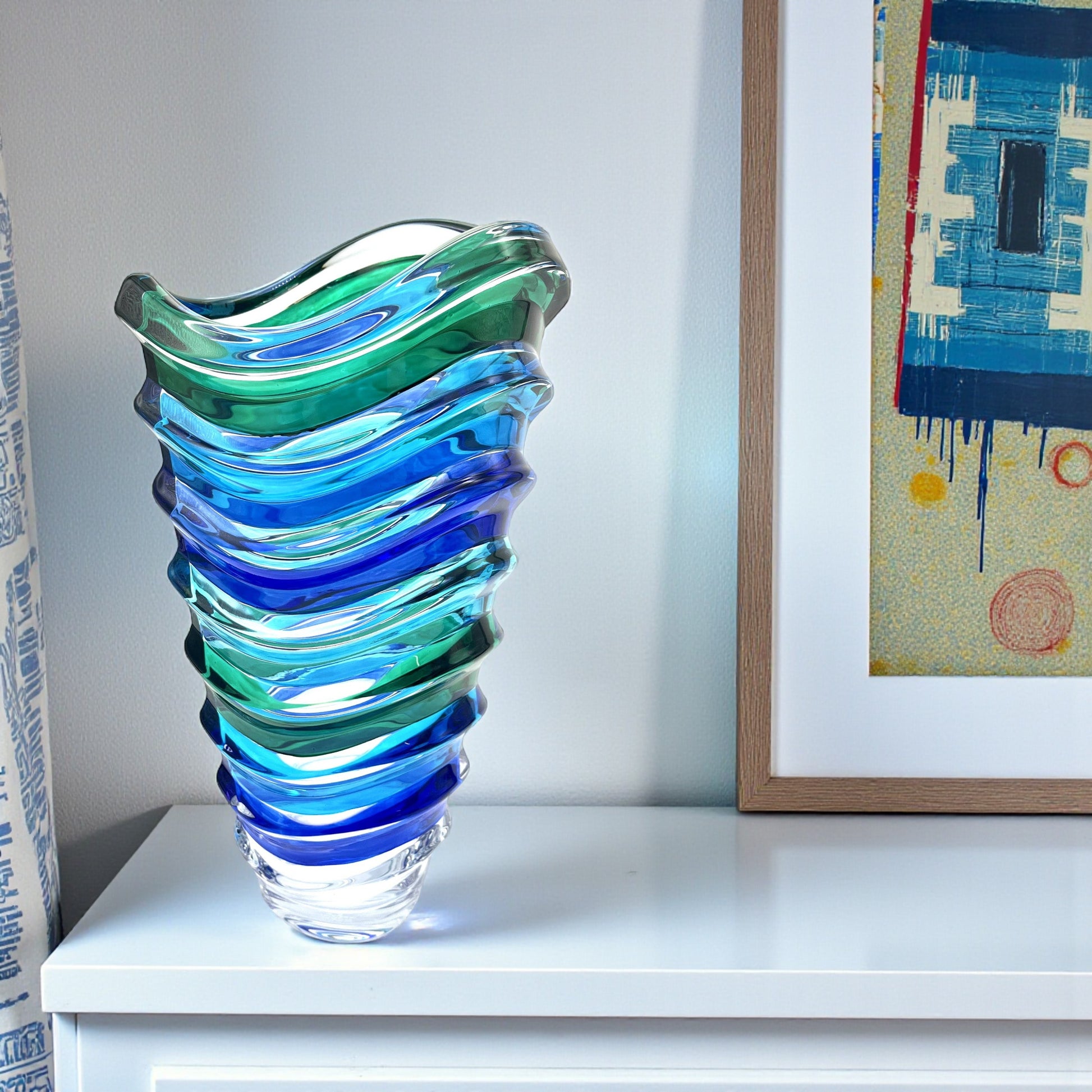 Aqua Wave Venetian Crystal Glass Vase - 12-in - Mellow Monkey