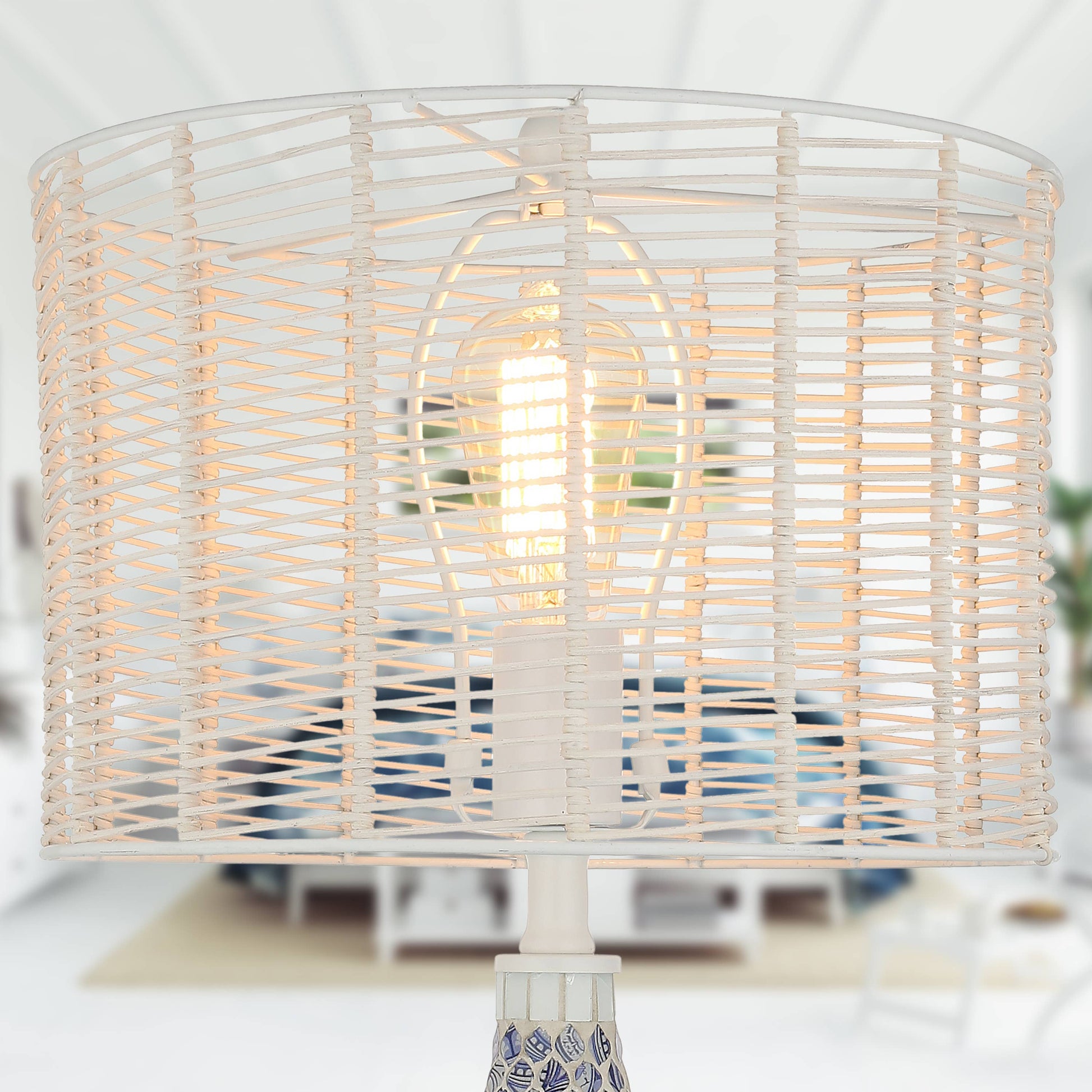 Nantucket Blue-White Mosaic & Rattan Table Lamp - 25-in - Mellow Monkey