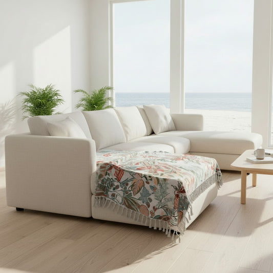 Cotton Slub Throw with Tropical Botanicals and Fringe - 60-in