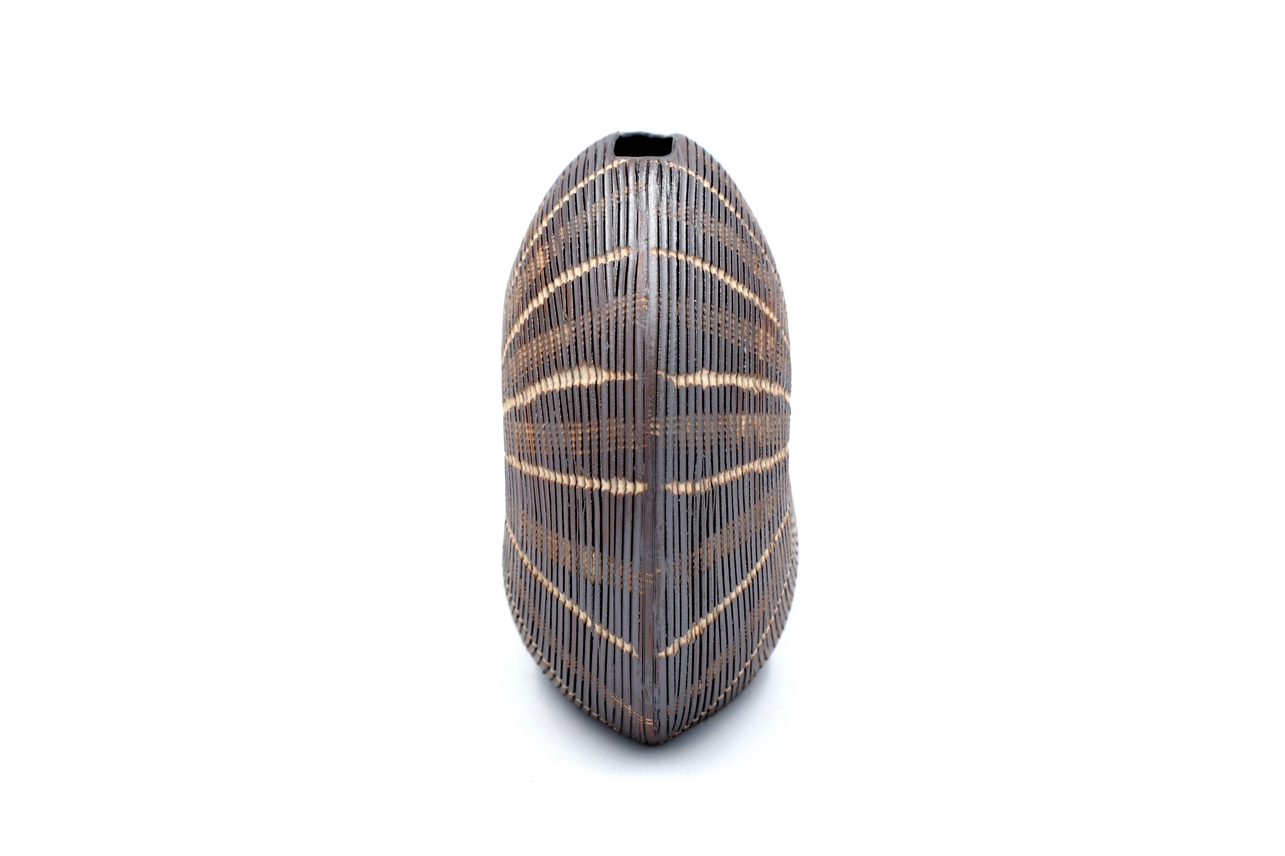 Diva Round - Handcrafted Porcelain Bud Vase - Taupe with Cream Lines - 4.7 x 2.4 x 4 in - Mellow Monkey
