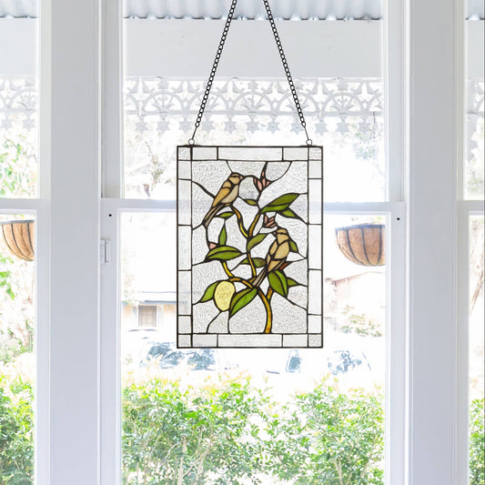 Birds in a Lemon Tree Stained Glass Window Panel - 14-in - Mellow Monkey