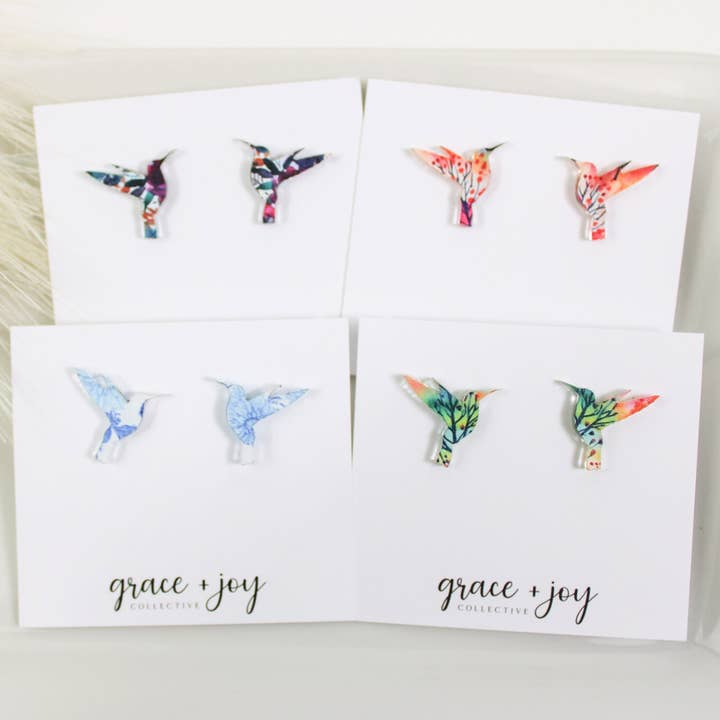 Hummingbird Acrylic Stud Earrings - Blue/White - Mellow Monkey
